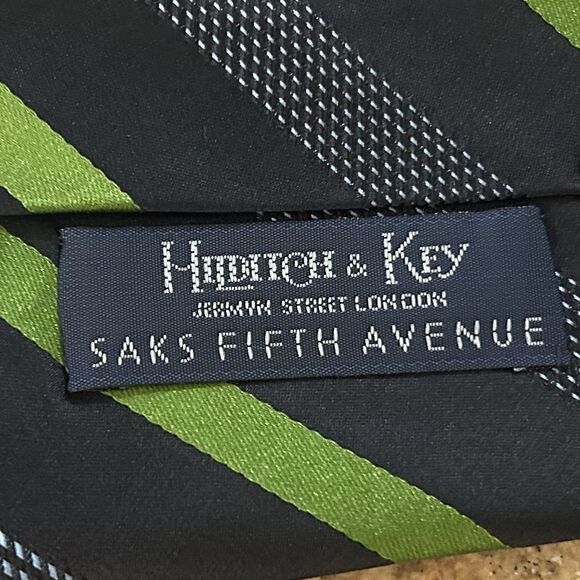 Hilditch & Key 100% Silk Necktie Tie Striped Navy Blue Green 61 x 3 3/4 - Picture 3 of 4